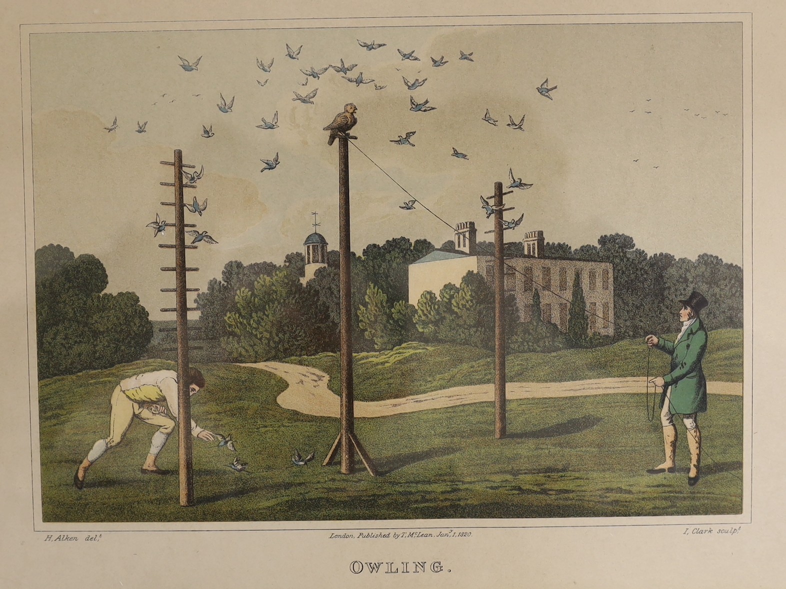 Clark after Henry Alken, set of four coloured lithographs, 'A Match at the Badger'. 'Drawing The Badger', 'Owling' and 'Grouse Shooting', overall 20 x 27cm